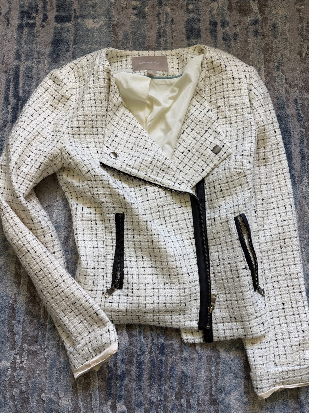 Banana Republic Textured Ivory Tweed Jacket with Black Trim